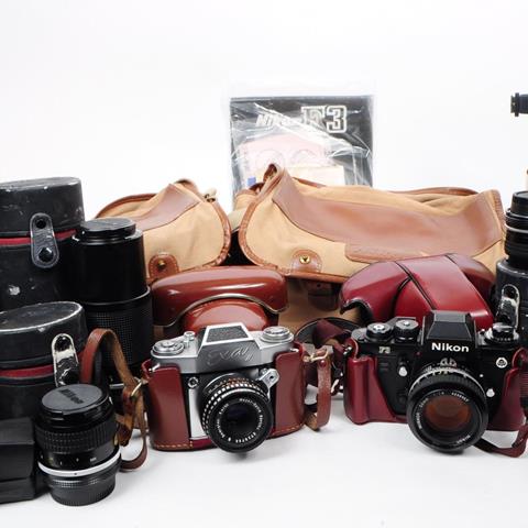 Nikon - A Vintage Late 20th Century 1980s Nikon F3 35mm Slr Camera, Alongside a Selection of Lenses and Accessories