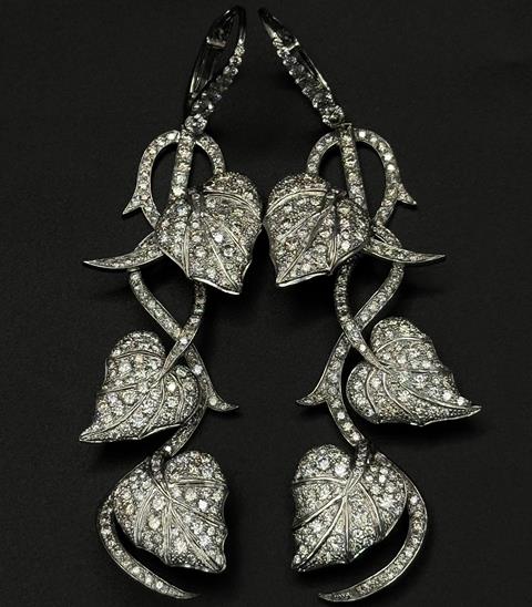 A Beautiful Pair of Art Deco Style 14K White Gold and Diamond Drop Earrings. Floral form