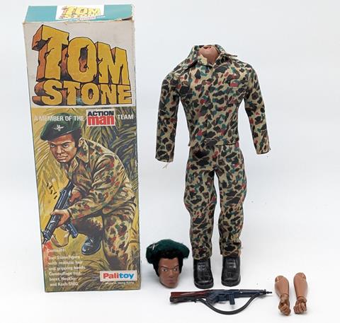 A Rare Issue Box Vintage Palitoy Tom Stone Action Man Figure, Marked 1964 To Box Base