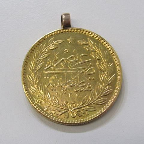 Gold 1909 Ottoman Empire Sultan Mehmed V Resâd 500 Kurush With Mount, Constantinople Mint