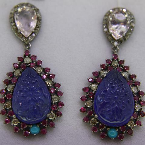 Pair of Large Drop Earrings Set With Pear Shaped Carved Tanzanites, Turquoise, Morganites, Rubies and Diamonds