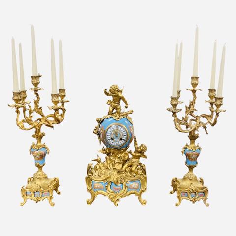 19th Century Sevres Style Gilt and Porcelain Clock Garniture Set