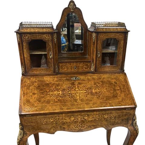 Very Fine 19C Inlaid Burr Walnut Bonheur Du Jour