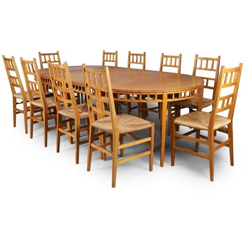 A large Austrian Secessionist style extending dining table and fourteen dining chairs, c.1980