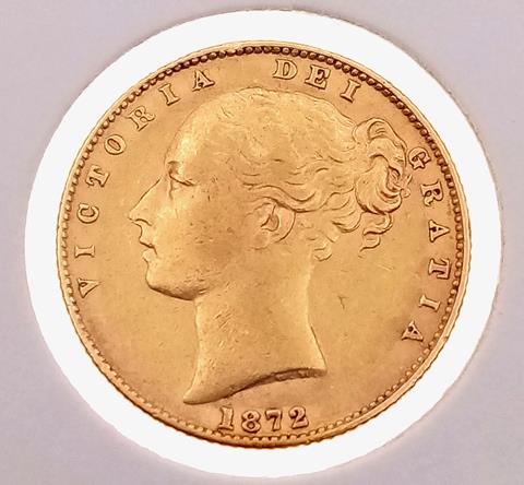 An 1872 Queen Victoria 22K Gold Shield Back Full Sovereign. Young head, nose points to C, number '1' on base of shield.