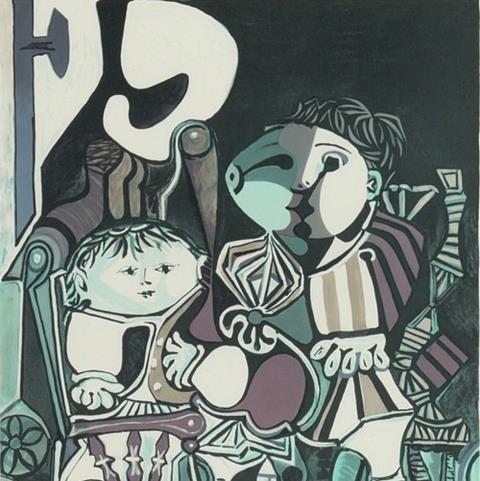After Pablo Picasso. Deux Enfants Assise (Claude Et Paloma). (D) Numbered, Limited Edition of 500, Lithograph on Arches, From the Marina Picasso Collection
