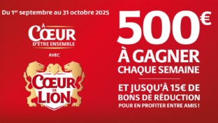 Jeu CoeurdeLion.com à code : 9 chèques de 500 € et 50’100 autres lots