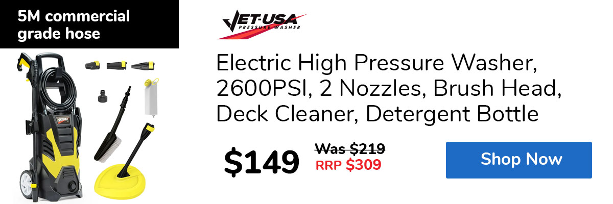 Electric High Pressure Washer, 2600PSI, 2 Nozzles, Brush Head, Deck Cleaner, Detergent Bottle