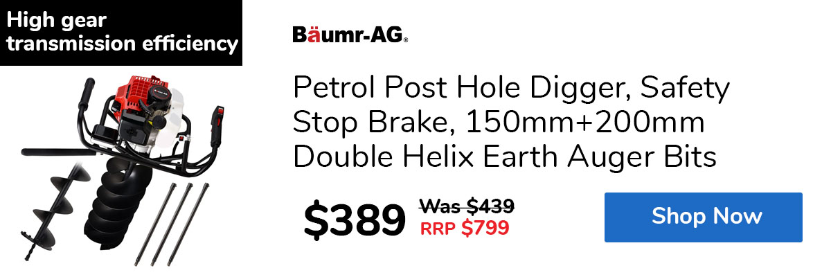 Petrol Post Hole Digger, Safety Stop Brake, 150mm+200mm Double Helix Earth Auger Bits