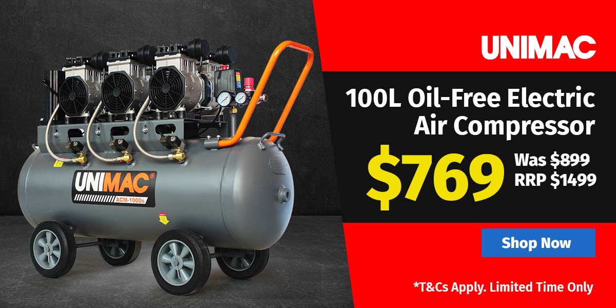 100L 4.5HP Silent Oil-Free Air Compressor, with Twin Nitto Outlets, 15A Plug