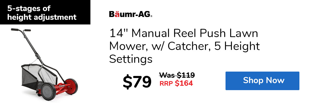 14" Manual Reel Push Lawn Mower, w/ Catcher, 5 Height Settings