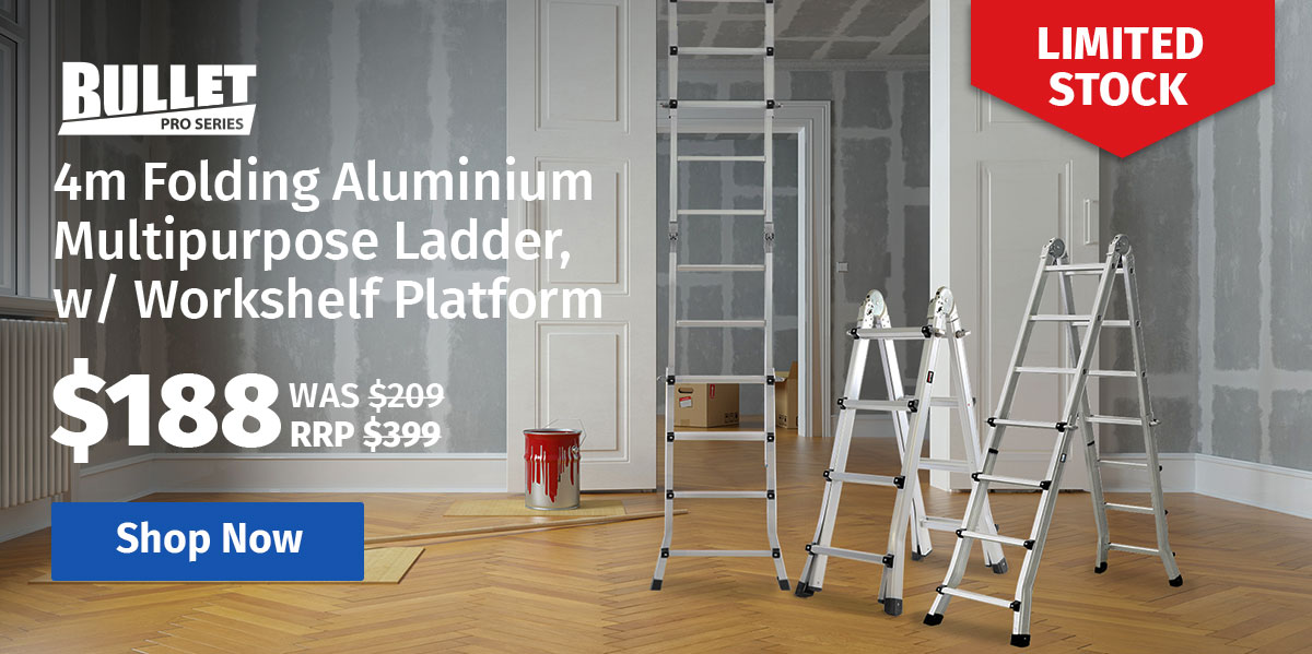  BULLET 4m Folding Aluminium Multipurpose Ladder, w/ Workshelf Platform, Spring Assisted Rapid Safety Lock Adjusters