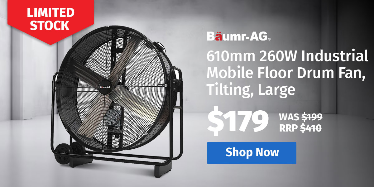  BAUMR-AG 24" 610mm 260W Industrial Mobile Floor Drum Fan, Tilting, Large, Commercial, Heavy-duty Frame, EESS Certified