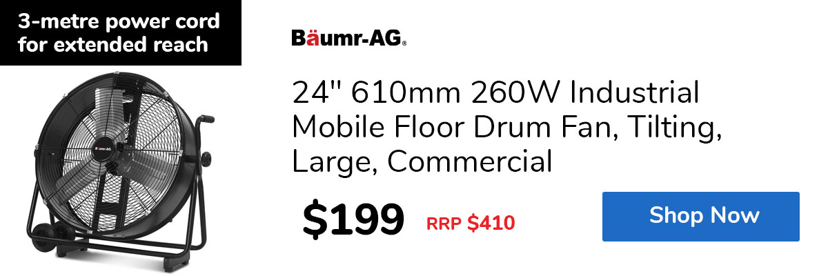 24" 610mm 260W Industrial Mobile Floor Drum Fan, Tilting, Large, Commercial