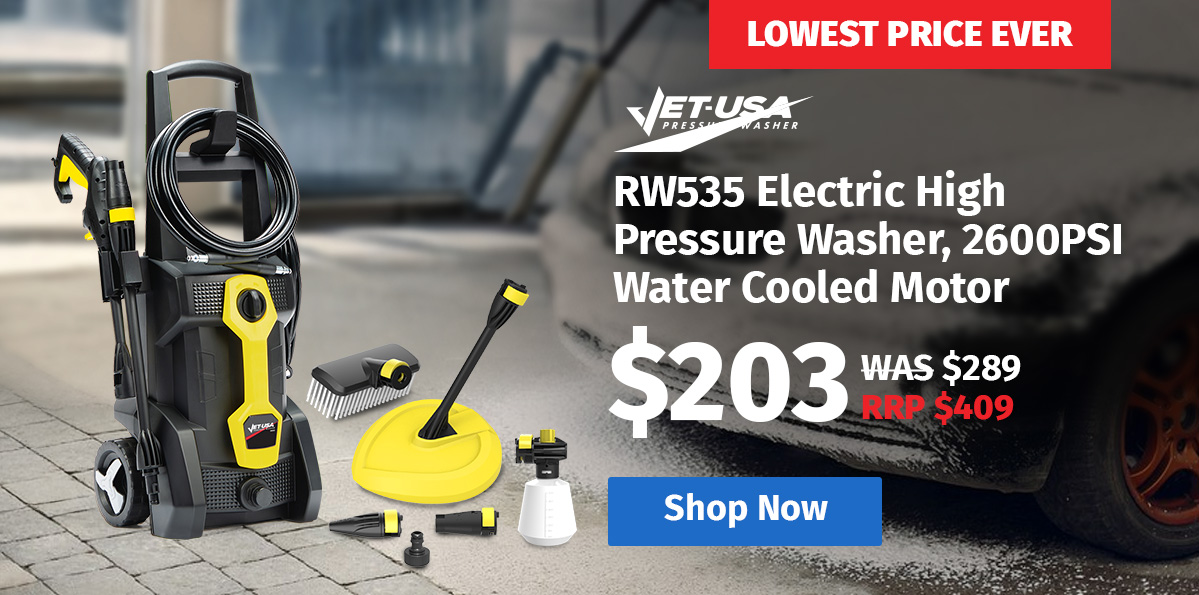 JET-USA RW535 Electric High Pressure Washer, 2600PSI Water Cooled Motor, 2 Nozzles, Brush Head, Deck Cleaner, Detergent Bottle