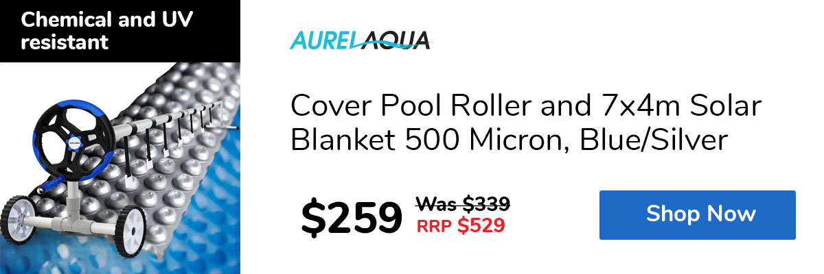 Cover Pool Roller and 7x4m Solar Blanket 500 Micron, Blue/Silver