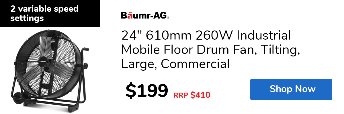 24" 610mm 260W Industrial Mobile Floor Drum Fan, Tilting, Large, Commercial