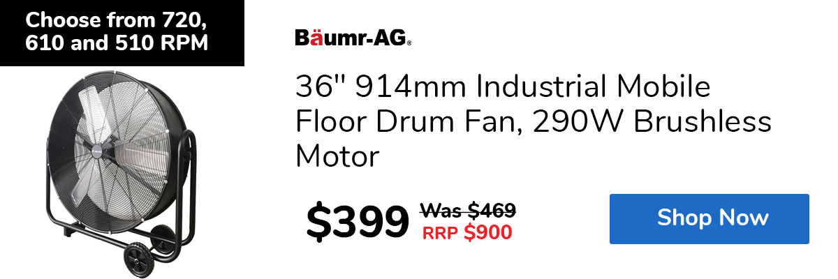 36" 914mm Industrial Mobile Floor Drum Fan, 290W Brushless Motor