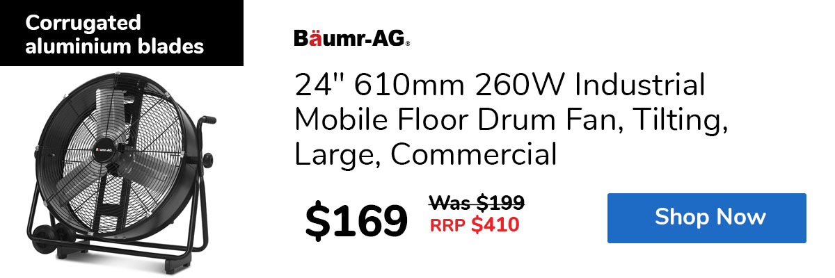 24" 610mm 260W Industrial Mobile Floor Drum Fan, Tilting, Large, Commercial