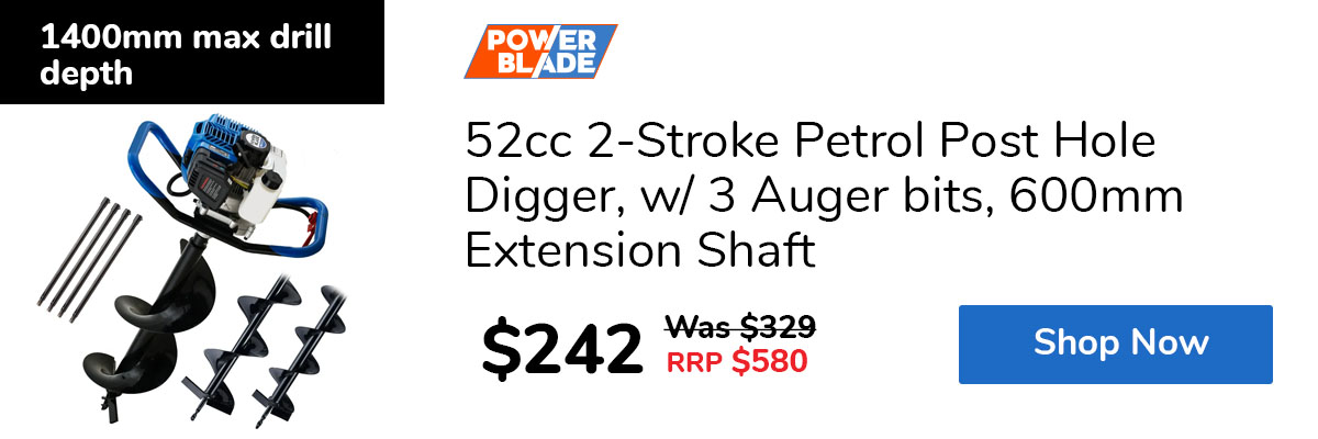 52cc 2-Stroke Petrol Post Hole Digger, w/ 3 Auger bits, 600mm Extension Shaft