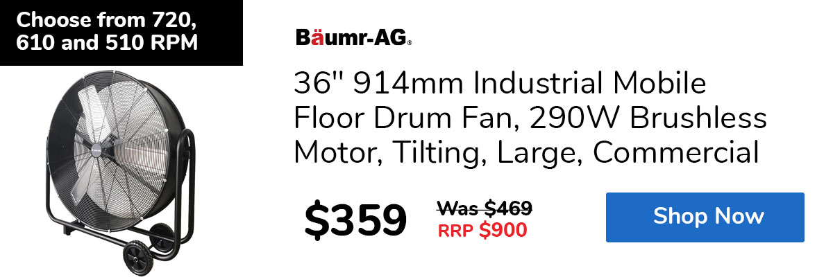 36" 914mm Industrial Mobile Floor Drum Fan, 290W Brushless Motor, Tilting, Large, Commercial