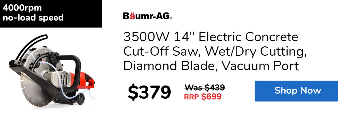 3500W 14" Electric Concrete Cut-Off Saw, Wet/Dry Cutting, Diamond Blade, Vacuum Port
