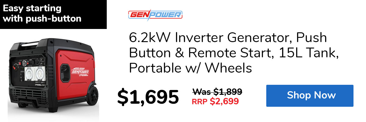 6.2kW Inverter Generator, Push Button & Remote Start, 15L Tank, Portable w/ Wheels