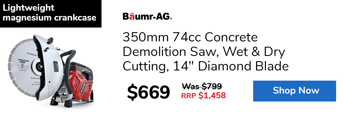 350mm 74cc Concrete Demolition Saw, Wet & Dry Cutting, 14" Diamond Blade