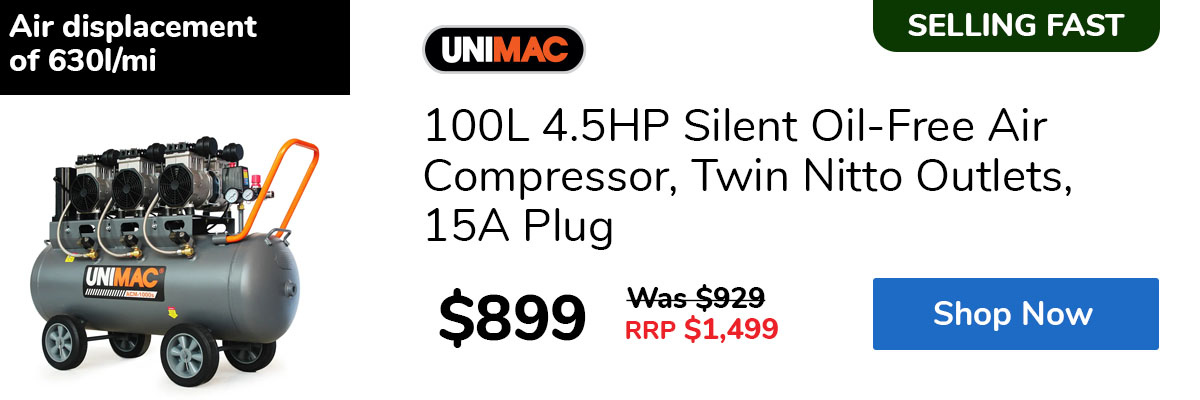100L 4.5HP Silent Oil-Free Air Compressor, Twin Nitto Outlets, 15A Plug