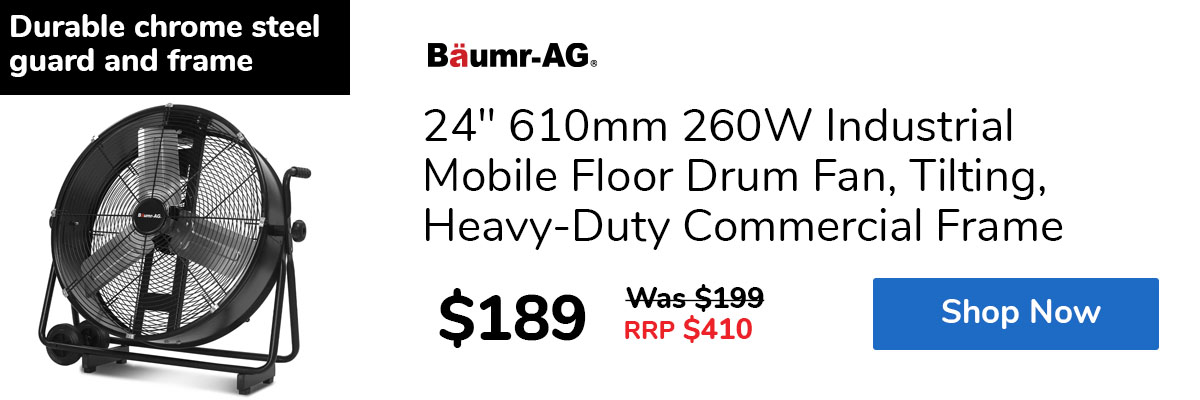 24" 610mm 260W Industrial Mobile Floor Drum Fan, Tilting, Heavy-Duty Commercial Frame