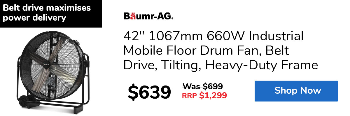 42" 1067mm 660W Industrial Mobile Floor Drum Fan, Belt Drive, Tilting, Heavy-Duty Frame