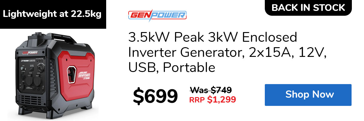 3.5kW Peak 3kW Enclosed Inverter Generator, 2x15A, 12V, USB, Portable