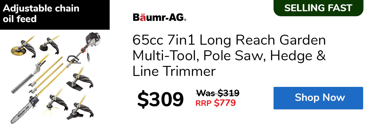 65cc 7in1 Long Reach Garden Multi-Tool, Pole Saw, Hedge & Line Trimmer
