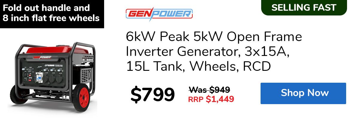 6kW Peak 5kW Open Frame Inverter Generator, 3x15A, 15L Tank, Wheels, RCD