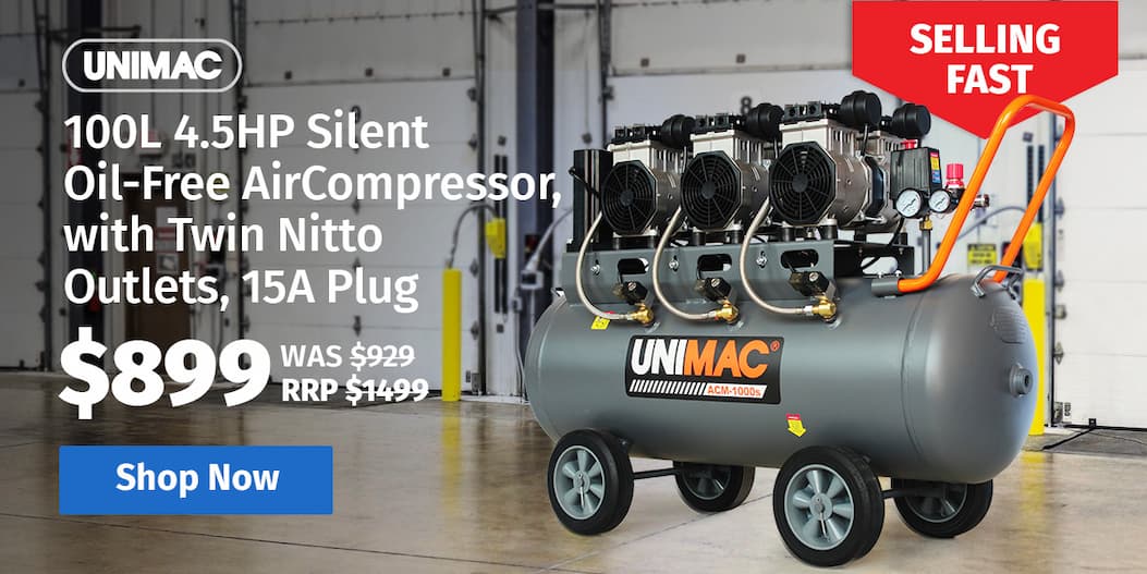 UNIMAC 100L 4.5HP Silent Oil-Free Air Compressor, with Twin Nitto Outlets, 15A Plug