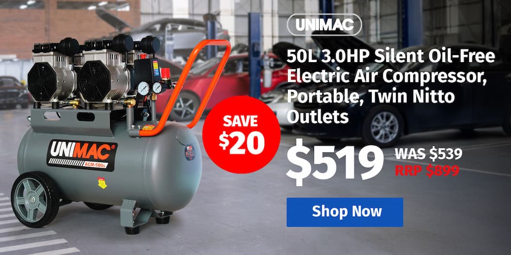 UNIMAC 50L 3.0HP Silent Oil-Free Electric Air Compressor, Portable, Twin Nitto Outlets