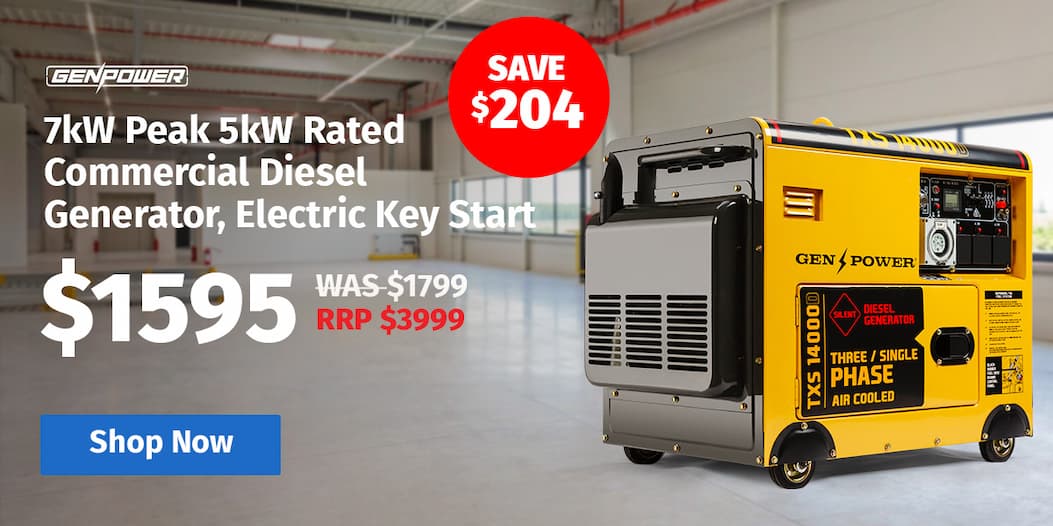 GENPOWER 7kW Peak 5kW Rated Commercial Diesel Generator, Electric Key Start, 1 x 20A 415V 3 Phase, 3 x 15A 240V