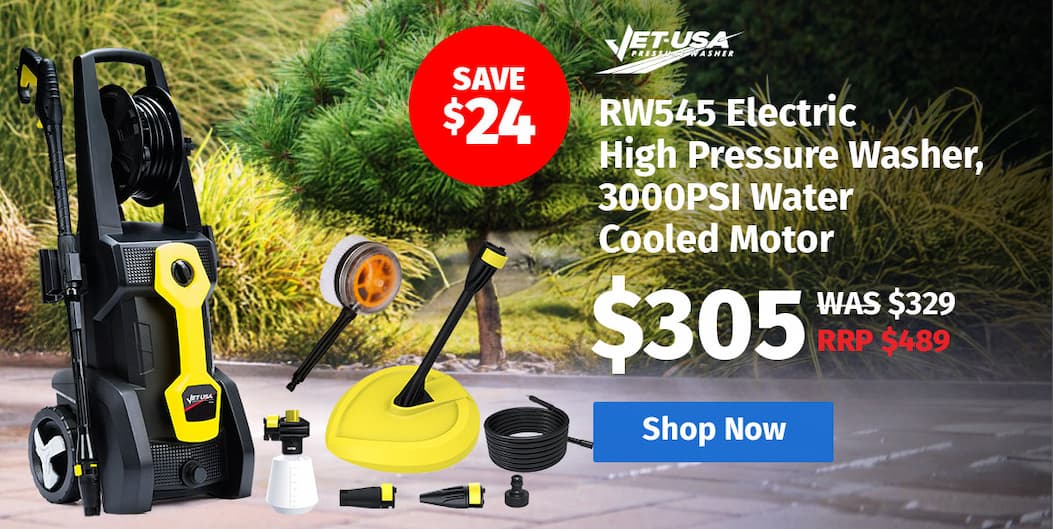 JET-USA RW545 Electric High Pressure Washer, 3000PSI Water Cooled Motor, 2 Nozzles, Brush Head, Deck Cleaner, Detergent Bottle