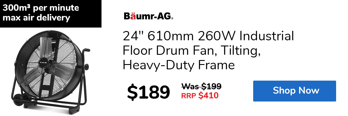 24" 610mm 260W Industrial Floor Drum Fan, Tilting, Heavy-Duty Frame
