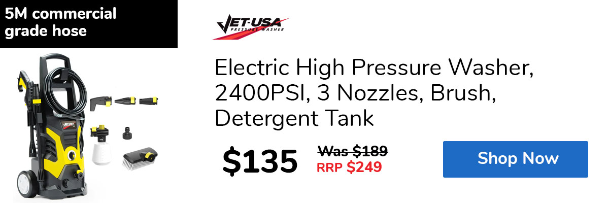 Electric High Pressure Washer, 2400PSI, 3 Nozzles, Brush, Detergent Tank