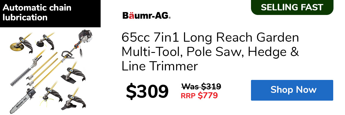 65cc 7in1 Long Reach Garden Multi-Tool, Pole Saw, Hedge & Line Trimmer