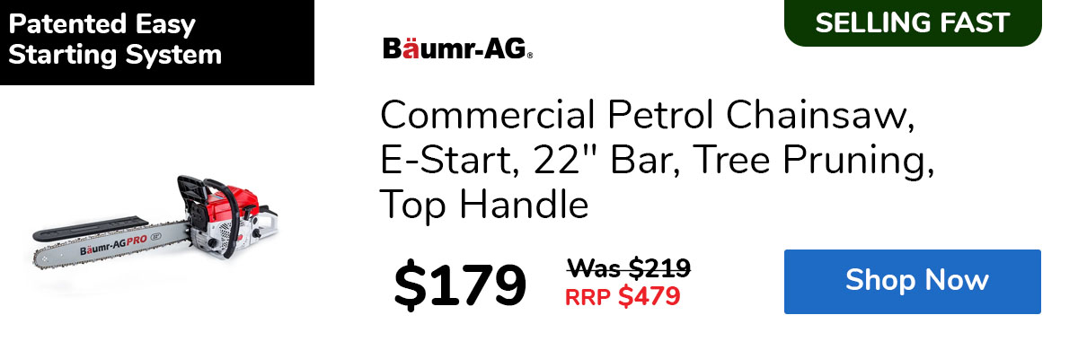 Commercial Petrol Chainsaw, E-Start, 22" Bar, Tree Pruning, Top Handle