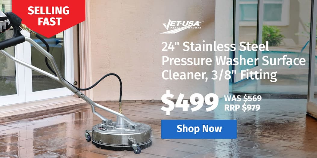 JET-USA 24" Stainless Steel Pressure Washer Surface Cleaner, 3/8" Fitting, with Yoke Handlebar, For Concrete Driveway Patio Floor 