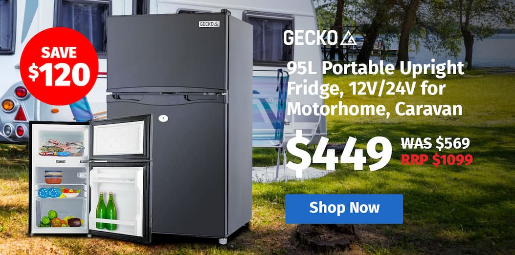 GECKO 95L Portable Upright Fridge, 12V/24V for Motorhome, Caravan, Black