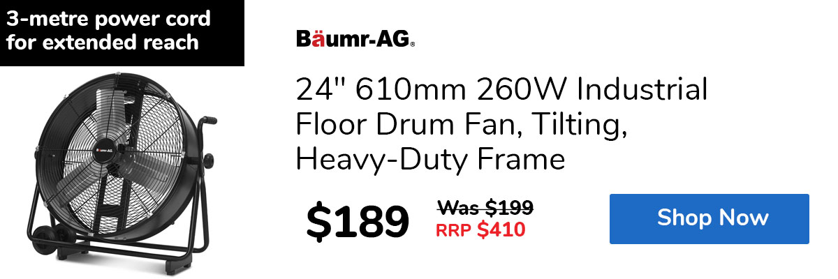 24" 610mm 260W Industrial Floor Drum Fan, Tilting, Heavy-Duty Frame