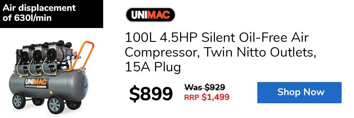 100L 4.5HP Silent Oil-Free Air Compressor, Twin Nitto Outlets, 15A Plug
