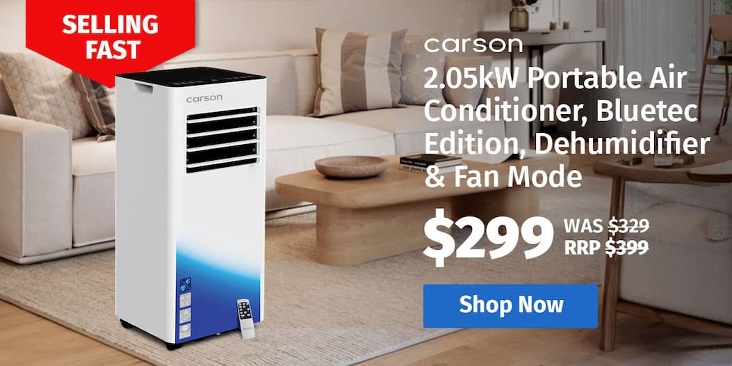 CARSON 2.05kW Portable Air Conditioner, Bluetec Edition, Dehumidifier & Fan Mode, Remote Control, 24hr Timer, Sleep Mode