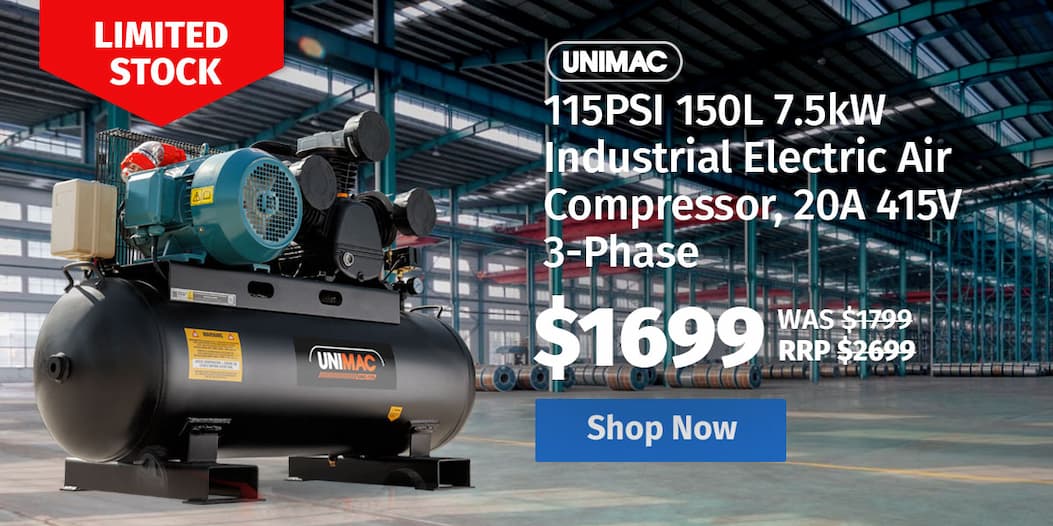 UNIMAC 115PSI 150L 7.5kW Industrial Electric Air Compressor, 20A 415V 3-Phase