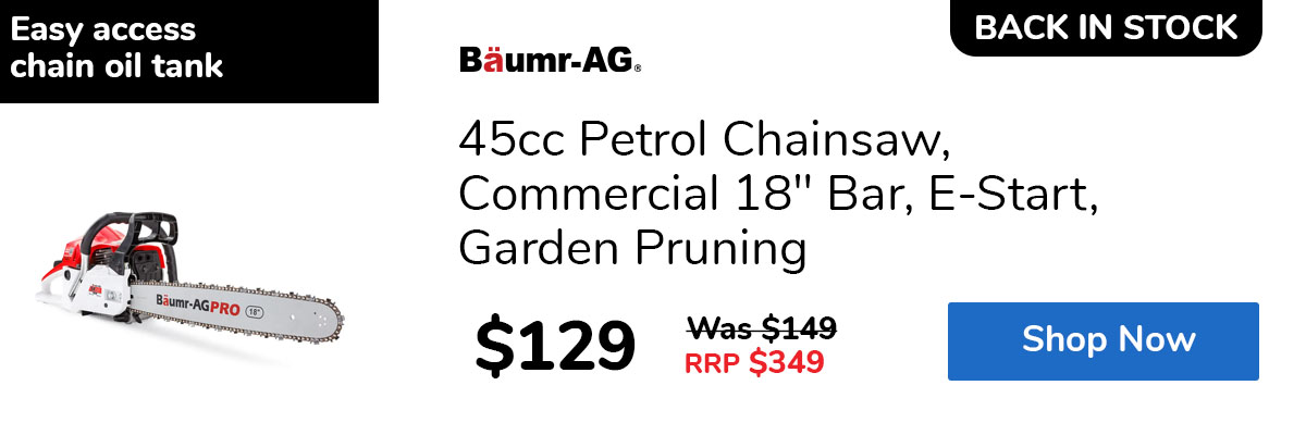 45cc Petrol Chainsaw, Commercial 18" Bar, E-Start, Garden Pruning