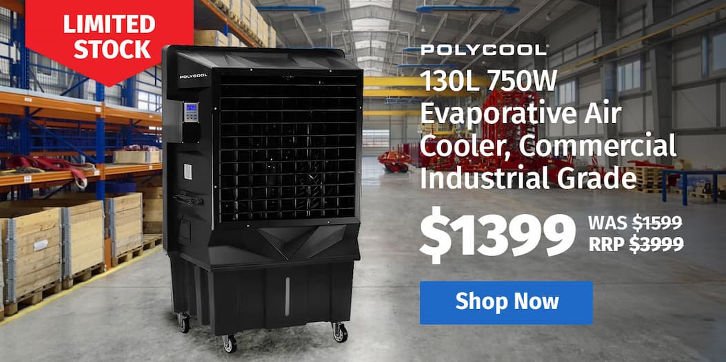 POLYCOOL 130L 750W Evaporative Air Cooler, Commercial Industrial Grade, Remote Control, Purifier, Fan